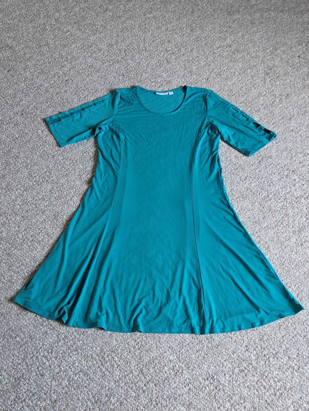 Susan Graver Teal Swing Midi Dress with Elbow Sleeves